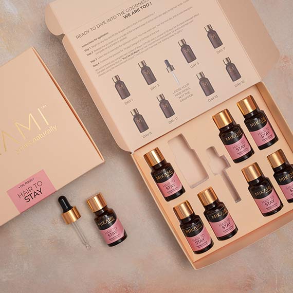 Hair Growth Oils | HAIR TO STAY - Hair Fall Oil Pod | Mikami India - Box & Bottle